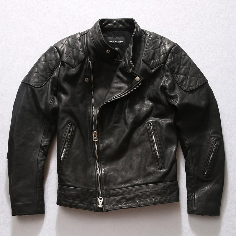 Men's black retro leather biker jacket with quilted shoulders and multiple pockets, perfect for stylish protection.