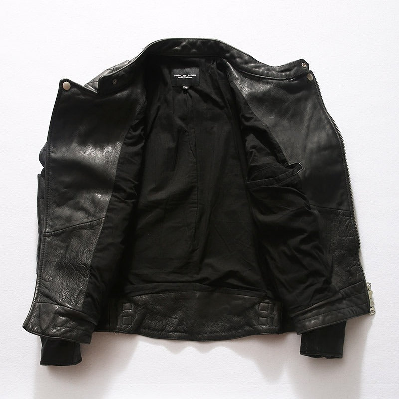 Men's black retro leather biker jacket interior view, stylish minimal design with sleeve pockets, ideal for alternative fashion.