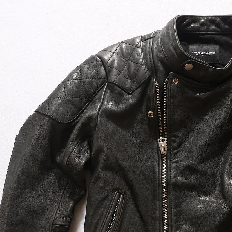 Men's black retro leather jacket featuring quilted shoulders and a zipper, perfect for bikers and vintage style lovers.