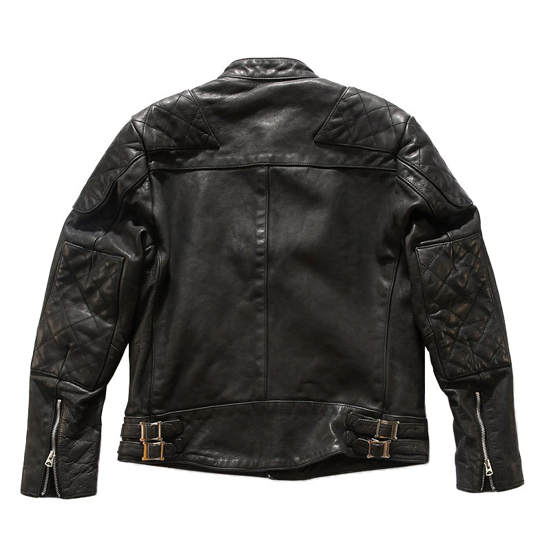 Men's black retro leather jacket back view, featuring quilted design and minimalistic style for bikers.