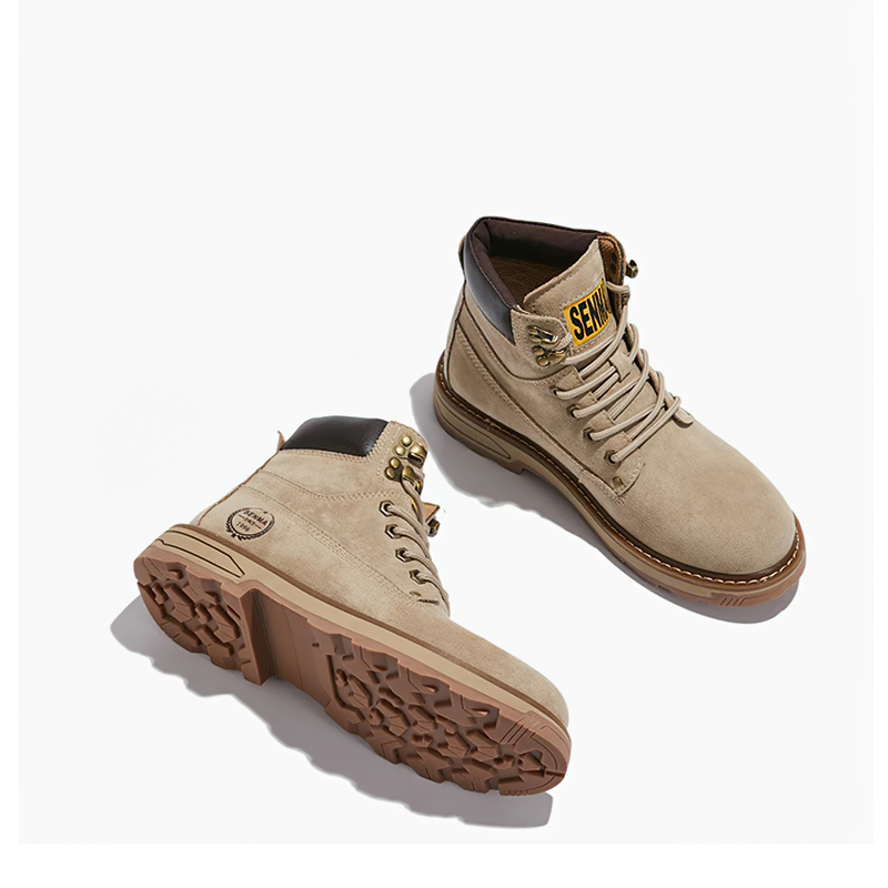 Real leather vintage combat boots in beige with lace-up design, perfect for motorcycle and casual wear.