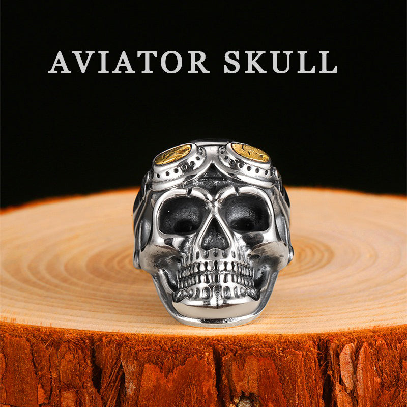 Aviator skull ring made of 925 sterling silver, featuring vintage design and adjustable fit for men and women.