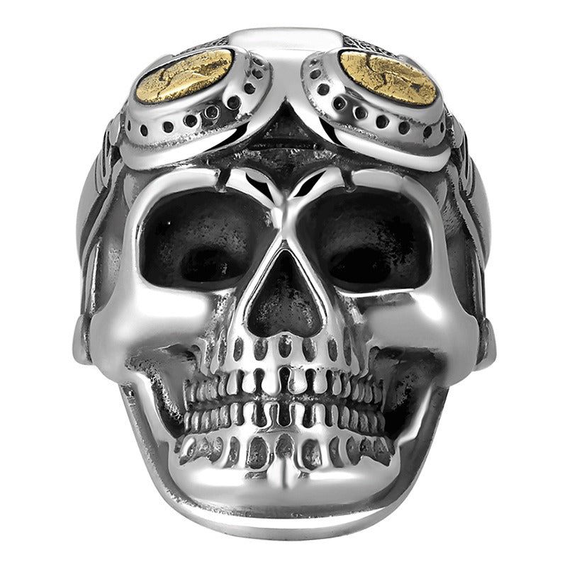925 sterling silver aviator skull ring with gold accents for men and women, adjustable vintage biker jewelry.