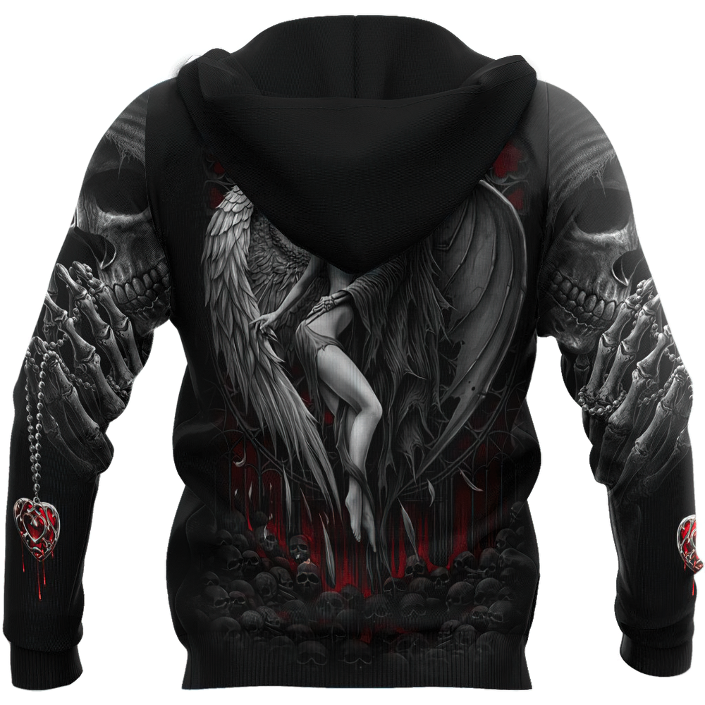 Gothic 3D printed hoodie with reaper skull, angel, and demon design for men, perfect for casual style.