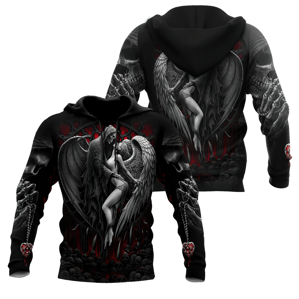 Gothic 3D printed hoodie featuring an angel and demon design, perfect for stylish men.