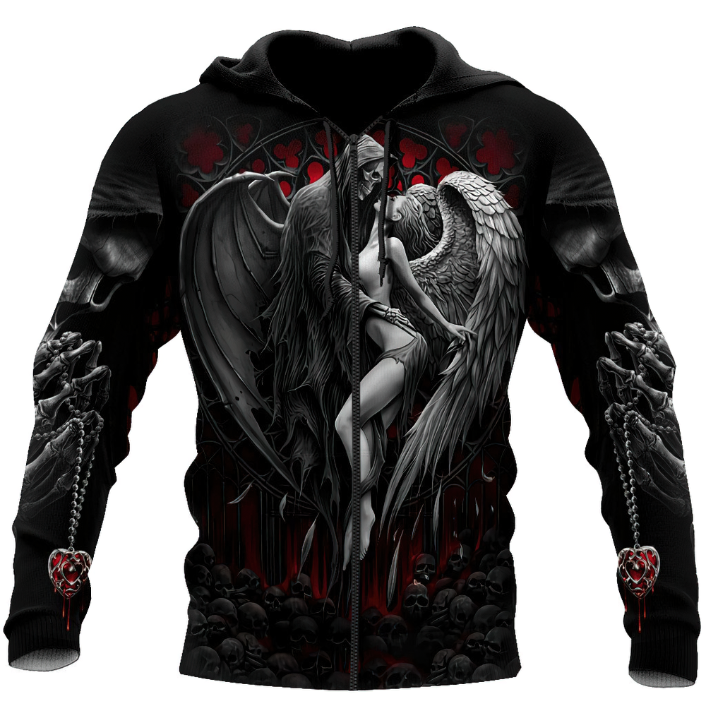 Gothic 3D printed hoodie with Reaper, angel, and demon print for men, featuring a striking design and zip option.