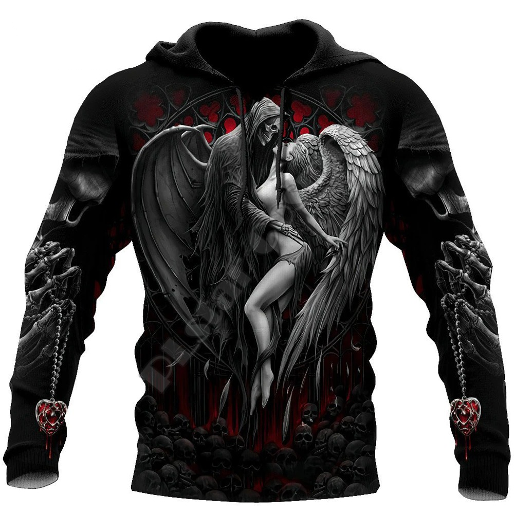 Gothic men's hoodie featuring a striking 3D print of an angel and demon design with skull details.