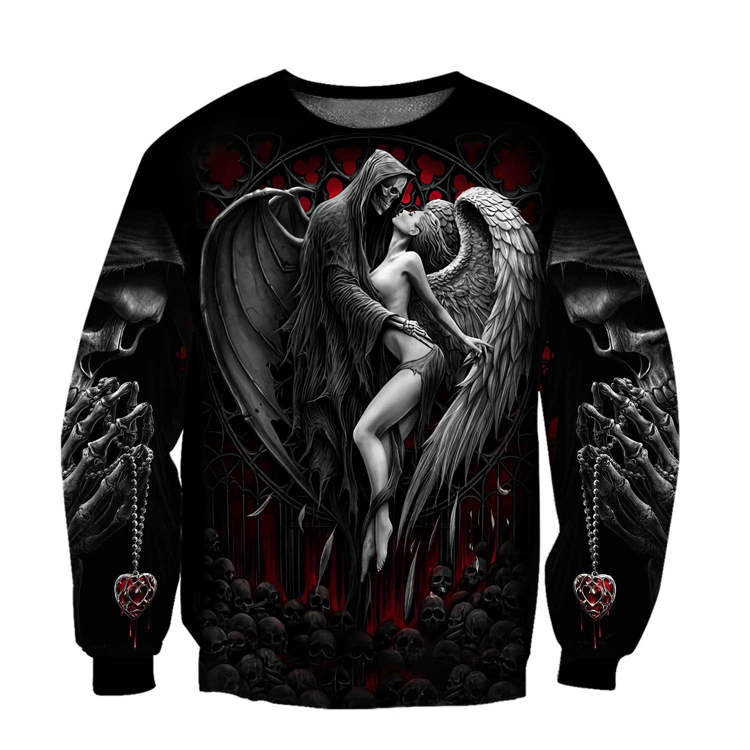 Gothic style 3D printed sweatshirt featuring a reaper, angel, and demon design, perfect for stylish men's fashion.
