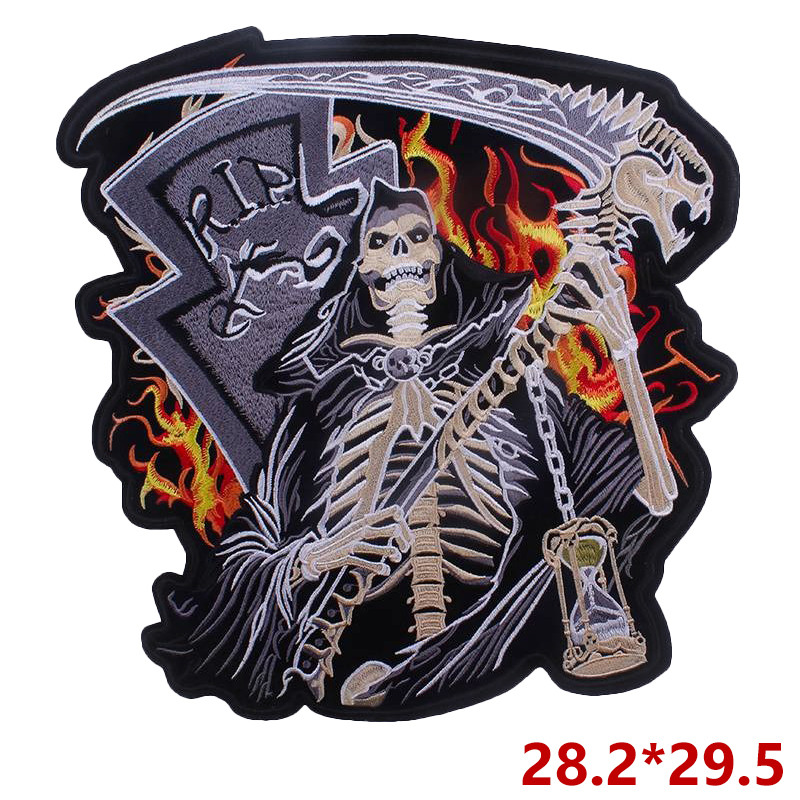 Large embroidered reaper patch with scythe and flames, perfect for biker jackets and accessories.