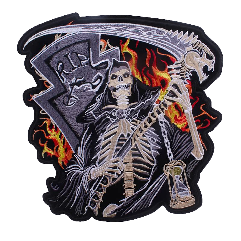 Large iron-on patch featuring a skeleton reaper with a scythe, perfect for biker jackets and accessories.