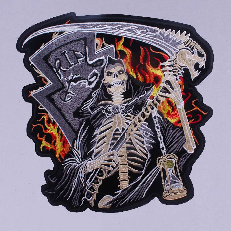 Large embroidered Reaper patch with scythe against fiery background, perfect for biker jackets and accessories.