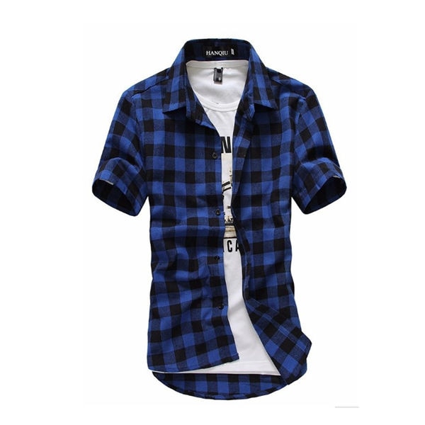 Blue checkered short sleeve shirt for men, perfect for casual and rocker style outfits.
