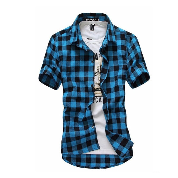 Men's short sleeve checkered shirt in blue and black plaid style, ideal for summer or casual wear.