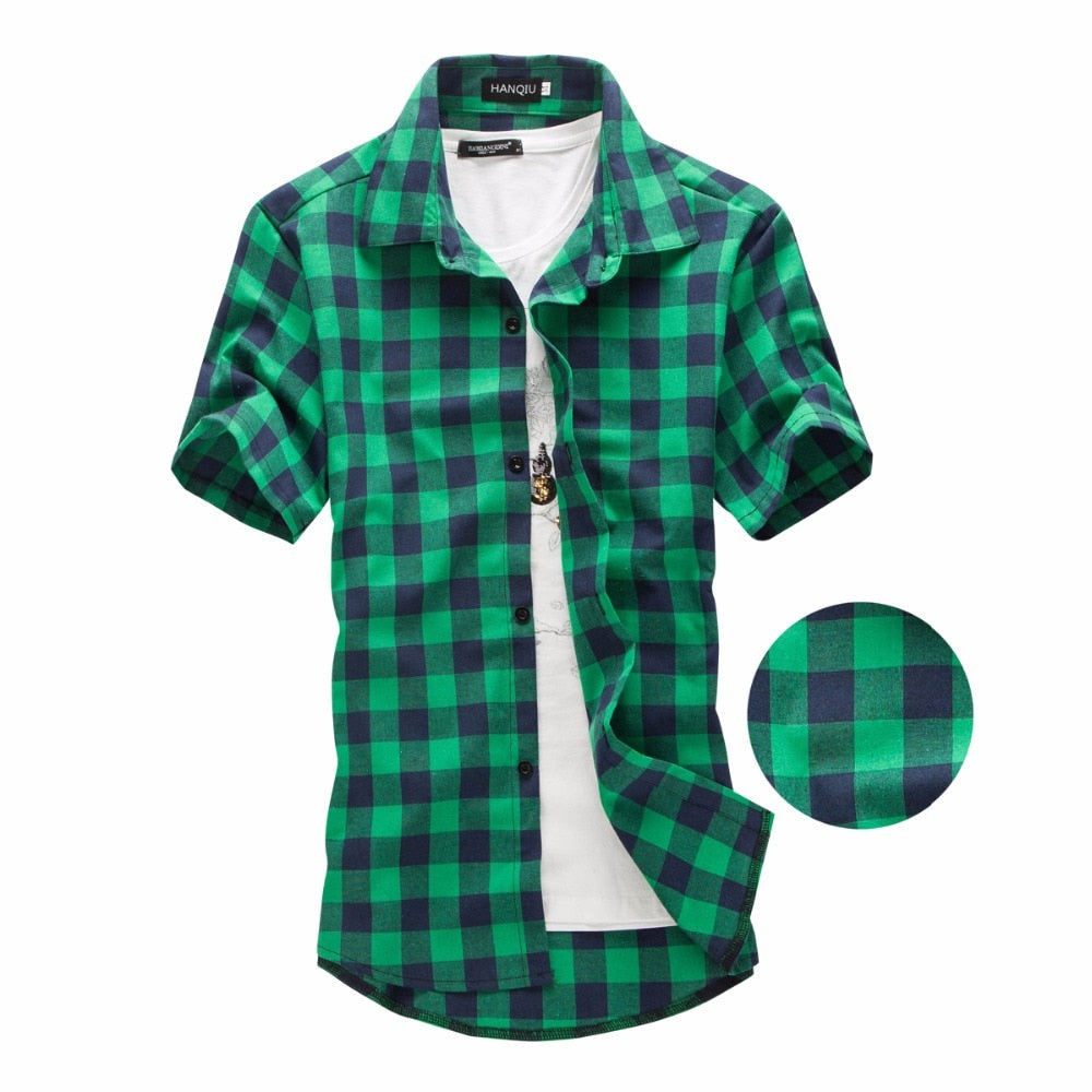 Green and black plaid short sleeve men's shirt, perfect for casual, grunge rock style. Ideal for summer and layered looks.