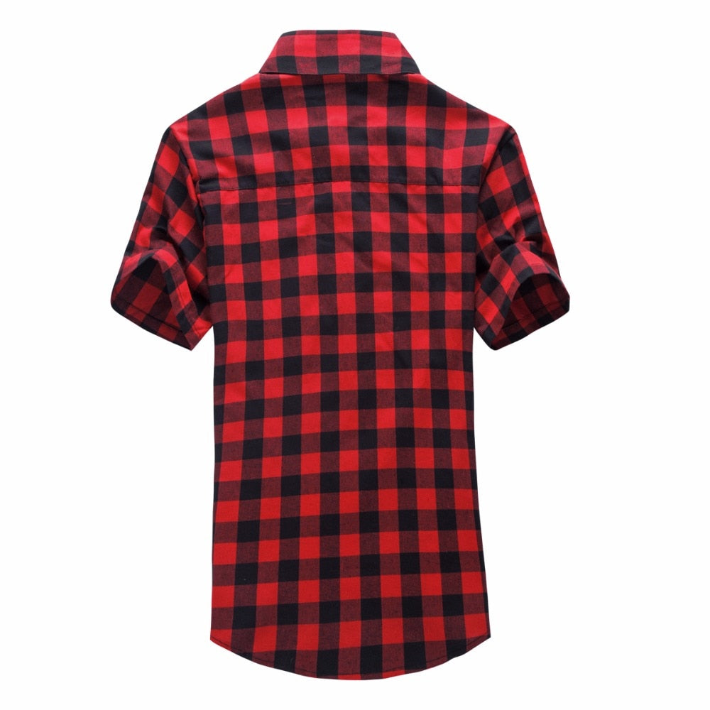 Men's short sleeve red and black checkered shirt, perfect for summer or autumn, featuring a stylish turn-down collar.