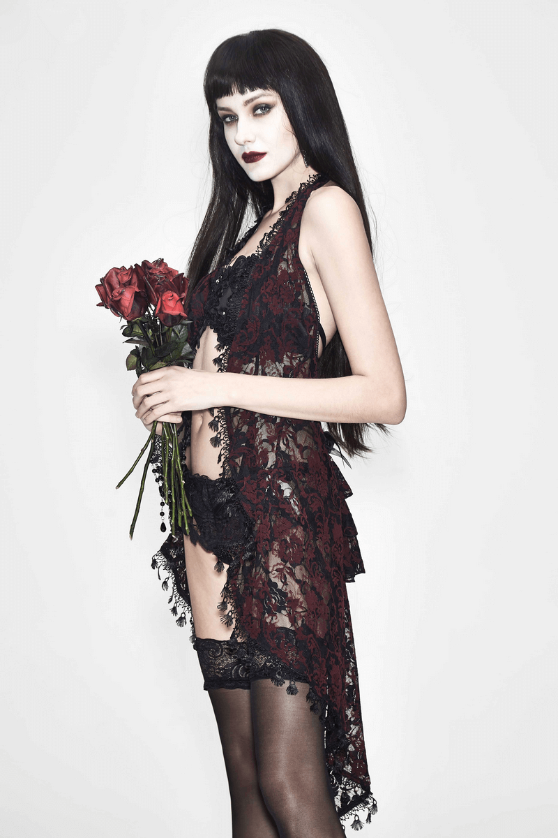 Red & Black Night Dress with Asymmetric Hem / Sexy Roses Embroidered Top with Elastic Straps - HARD'N'HEAVY