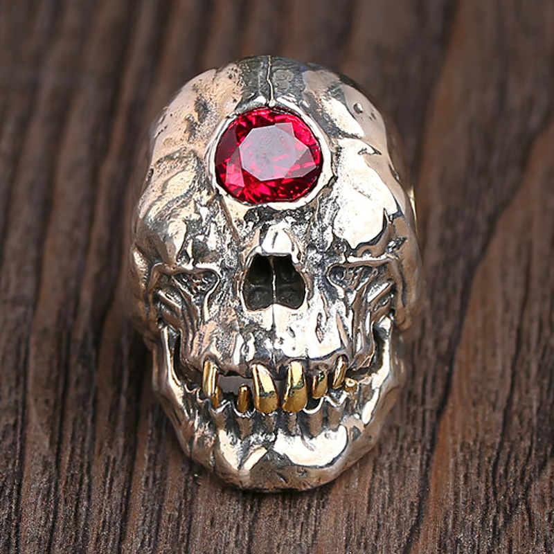 Detailed view of a gothic red crystal skull ring made of stainless steel, perfect for unisex wear.