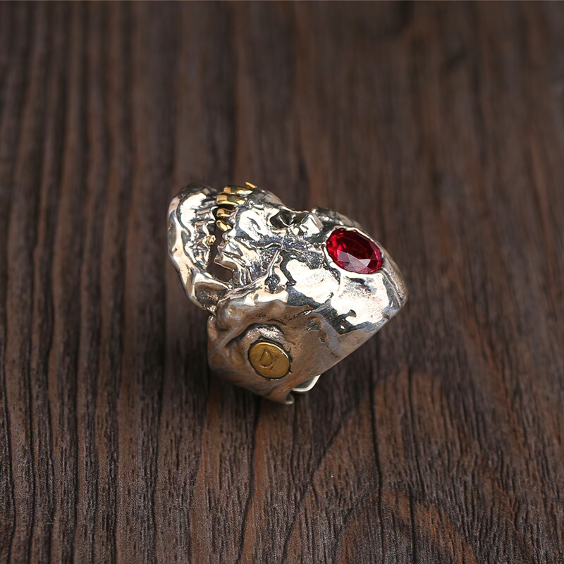 Gothic red crystal skull ring in stainless steel, stylish unisex jewelry for men and women.