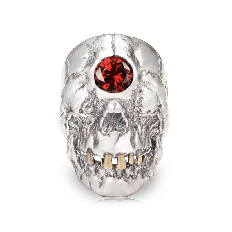 Red crystal skull ring in stainless steel, perfect gothic jewelry for men and women.