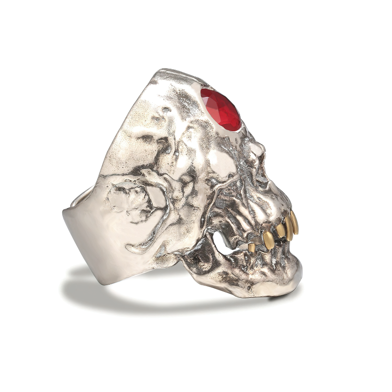 Gothic red crystal skull ring in stainless steel, unisex jewelry for men and women, detailed design with gold accents.