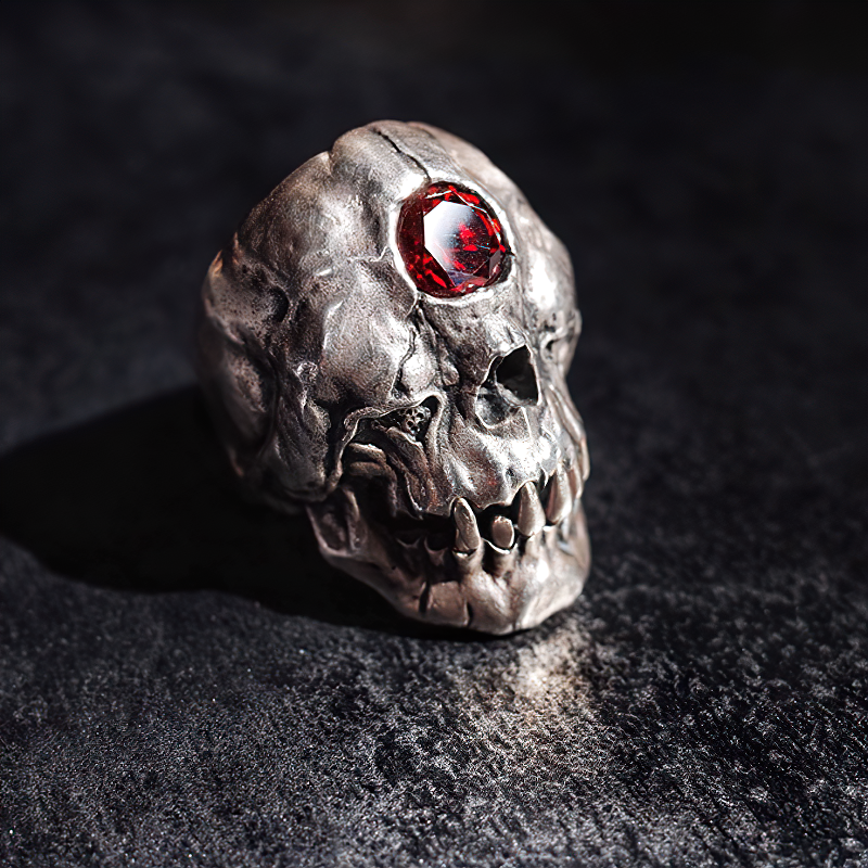 Red crystal skull ring in stainless steel, gothic style jewelry for men and women.