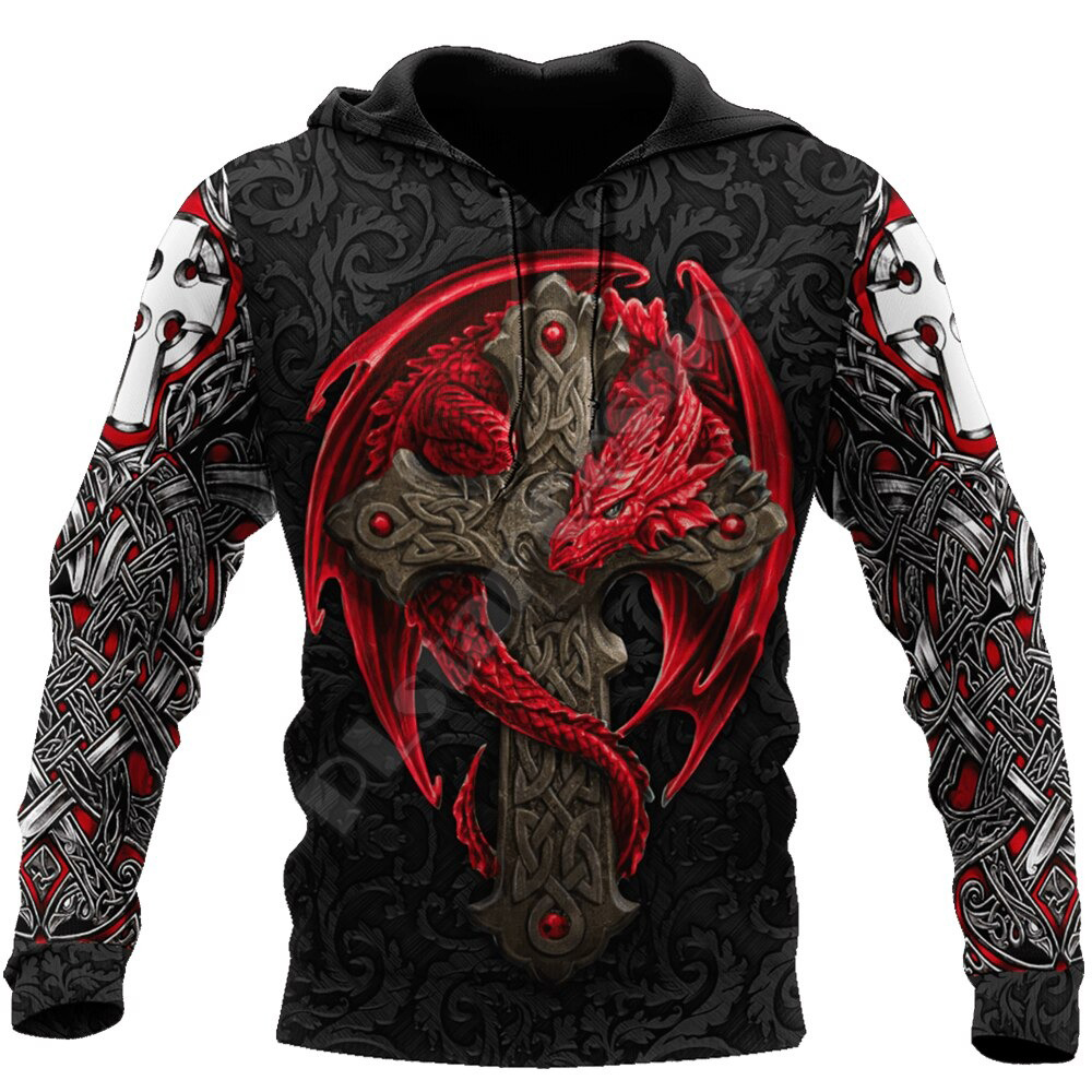 Stylish red dragon cross 3D printed hoodie for men in gothic style with intricate designs.