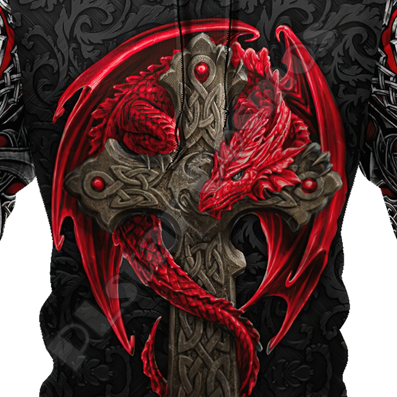 3D printed red dragon and cross design on a gothic-style hoodie, perfect for alternative fashion.
