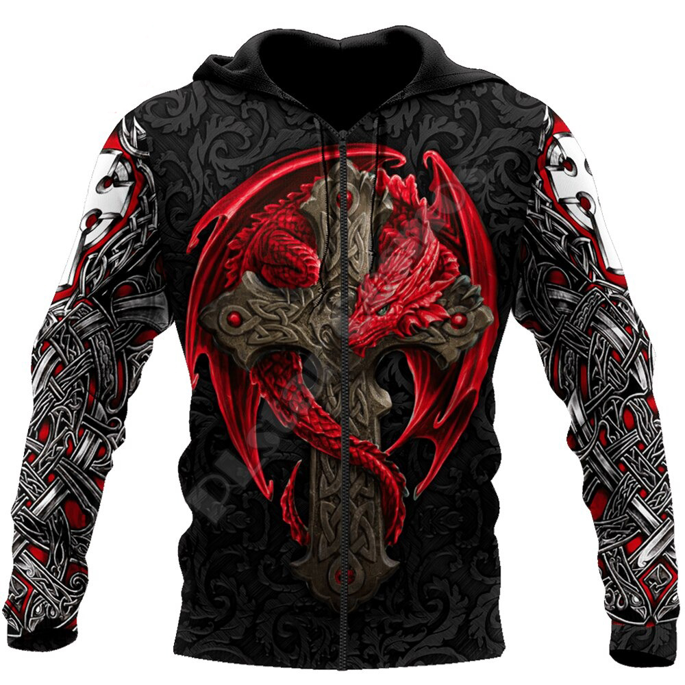 3D printed red dragon hoodie with gothic cross design, perfect for alternative style and comfortable wear for men.