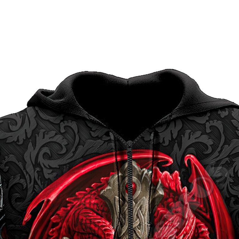 Red dragon 3D printed hoodie for men, featuring gothic style design with zipper, perfect for alternative fashion.