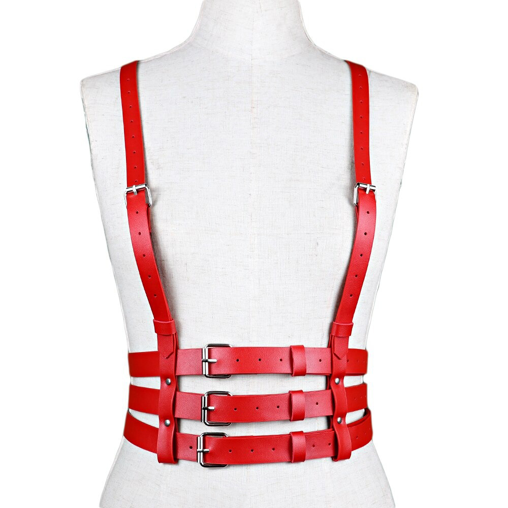 Red PU leather gothic women's harness with adjustable straps and stylish fittings from the back view.