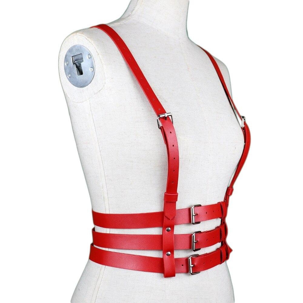 Red PU leather harness for women, featuring sexy gothic style with high waist and stylish silver fittings.