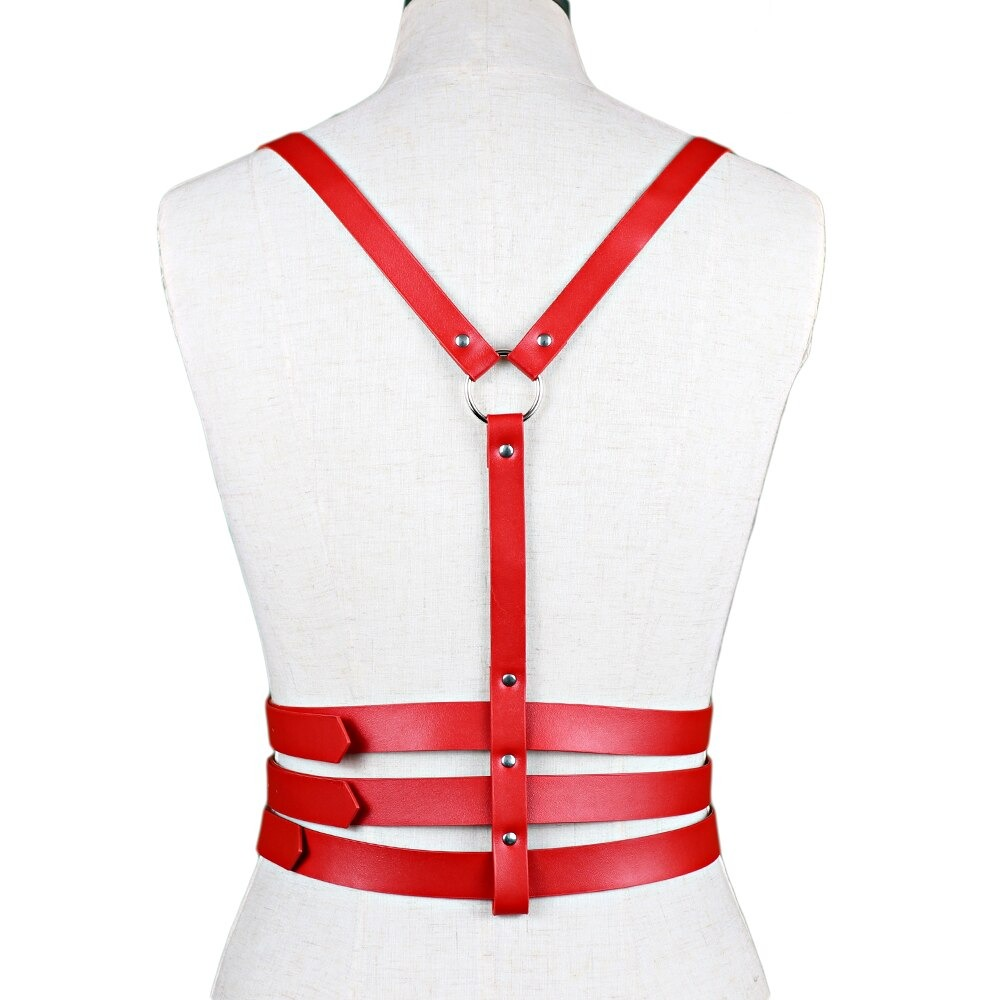 Red women's PU leather harness, gothic style with high waist suspenders and silver fittings, showcasing a stylish back view.