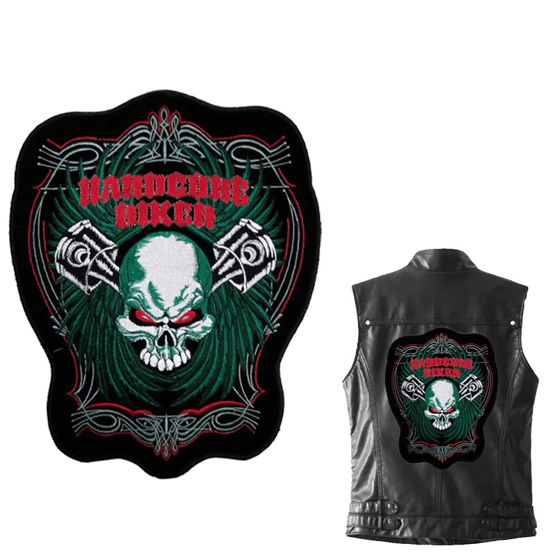 Red eyes skull patch for jackets, a trendy biker accessory, perfect for customizing outerwear and bags.
