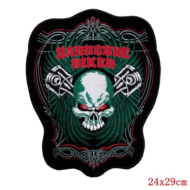Red eyes skull patch with biker design, large embroidered iron-on for jackets and bags, trendy accessory.
