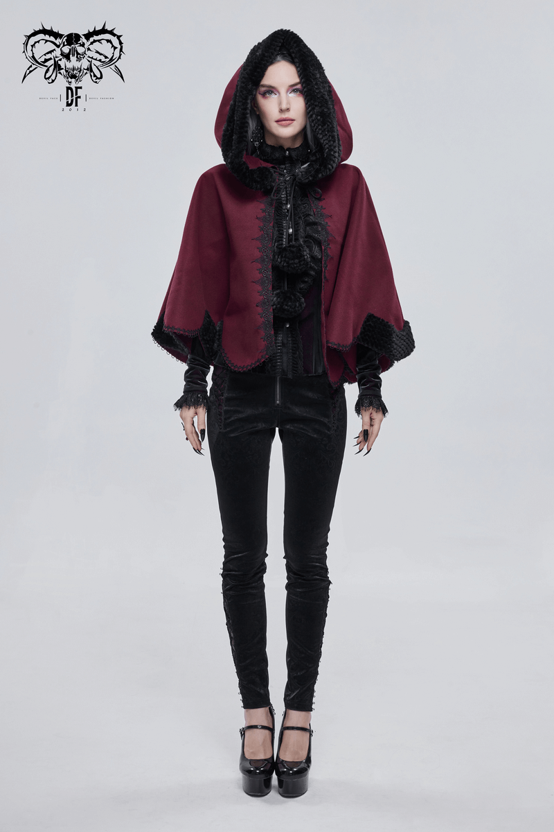 Red Gothic Short Hooded Cloak / Female Loose Cape with Black Fur and Cute Balls - HARD'N'HEAVY