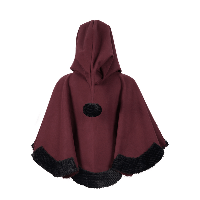 Red Gothic Short Hooded Cloak / Female Loose Cape with Black Fur and Cute Balls - HARD'N'HEAVY