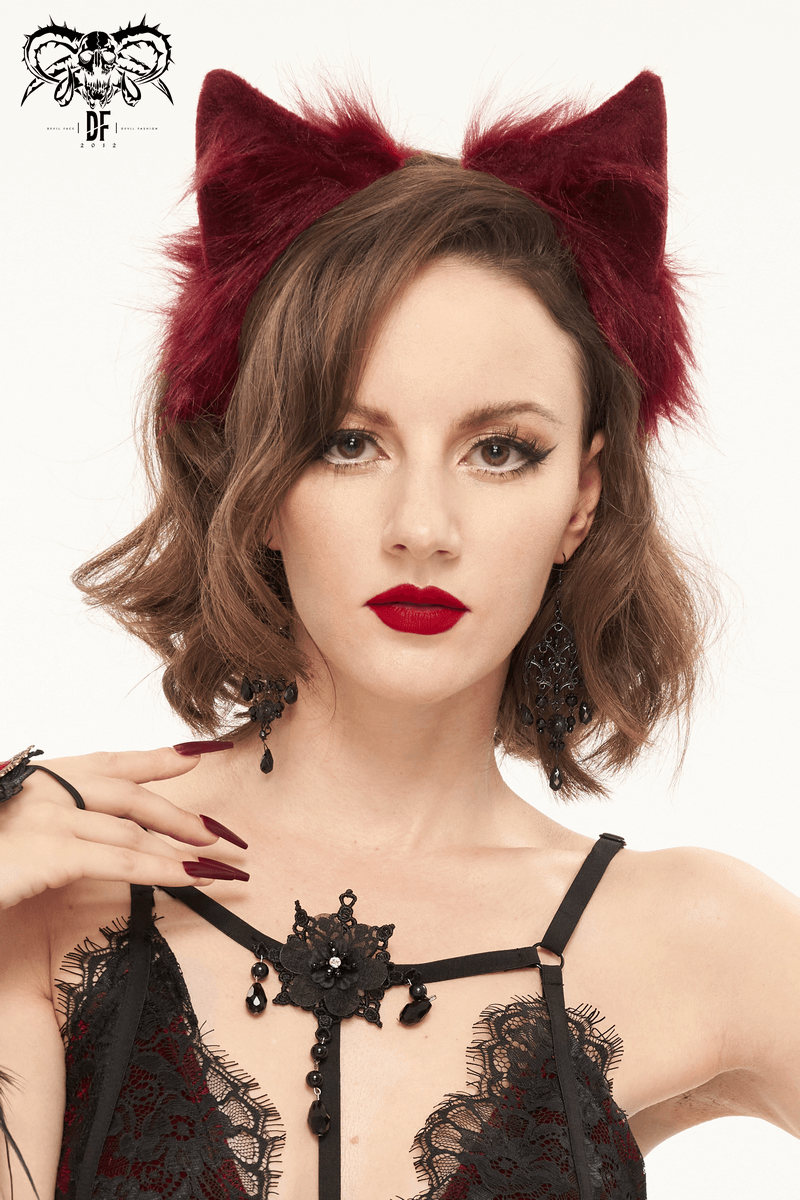 Red Ladies Faux Fur Cat Eears Headdress / Gothic Sexy Head Accessories for Women - HARD'N'HEAVY