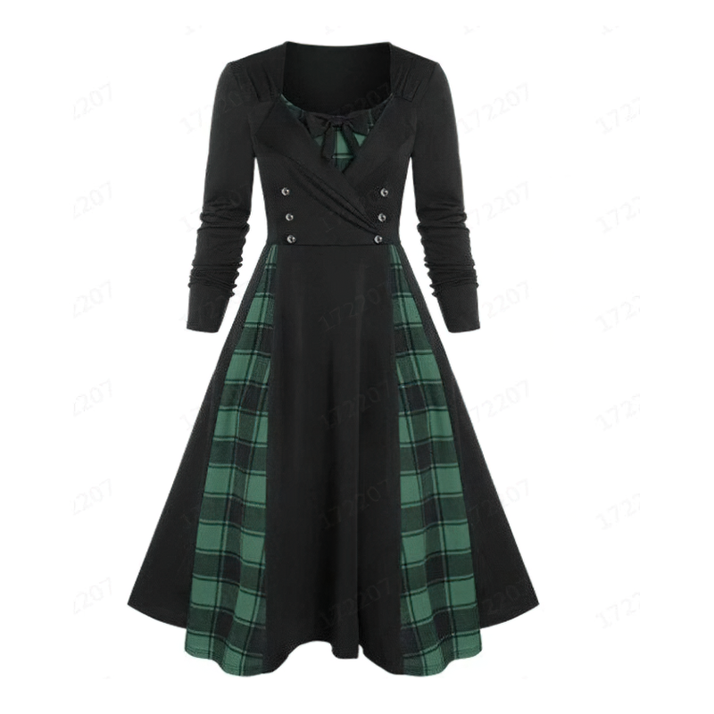 Red Plaid Dress for Women in Gothic Style / Retro Dress with Long Sleeves - HARD'N'HEAVY