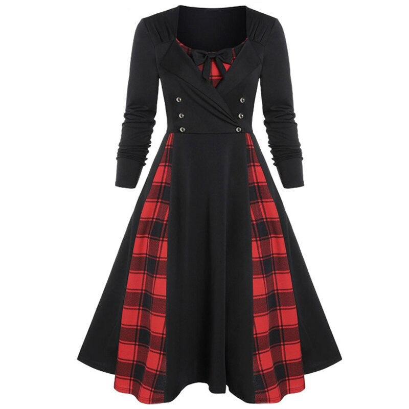 Red Plaid Dress for Women in Gothic Style / Retro Dress with Long Sleeves - HARD'N'HEAVY