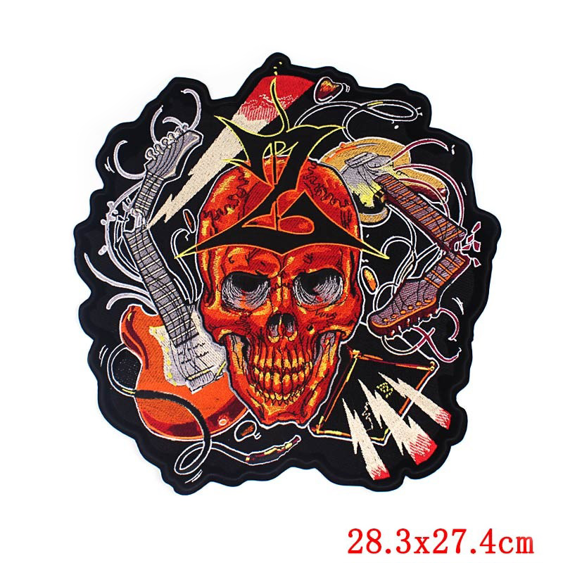 Red skull and guitars iron-on patch, perfect for biker jackets and stylish bags.