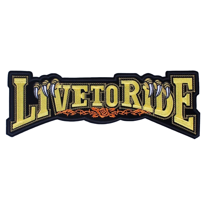 Embroidered 'Live to Ride' patch with bold letters, perfect for adding a biker vibe to jackets or bags.