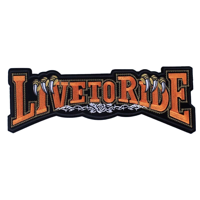 Embroidered 'Live to Ride' patch with claw design, perfect for biker jackets and gear decoration.