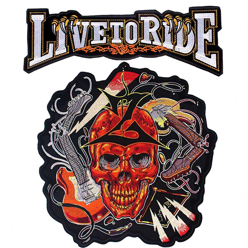 Live To Ride text patch above a colorful skull and guitar design embroidered biker patch.