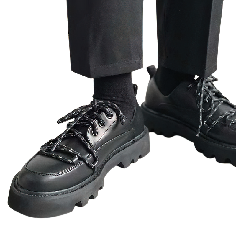 Men's black PU leather reflective shoes with tractor platform soles and stylish laces for casual wear.