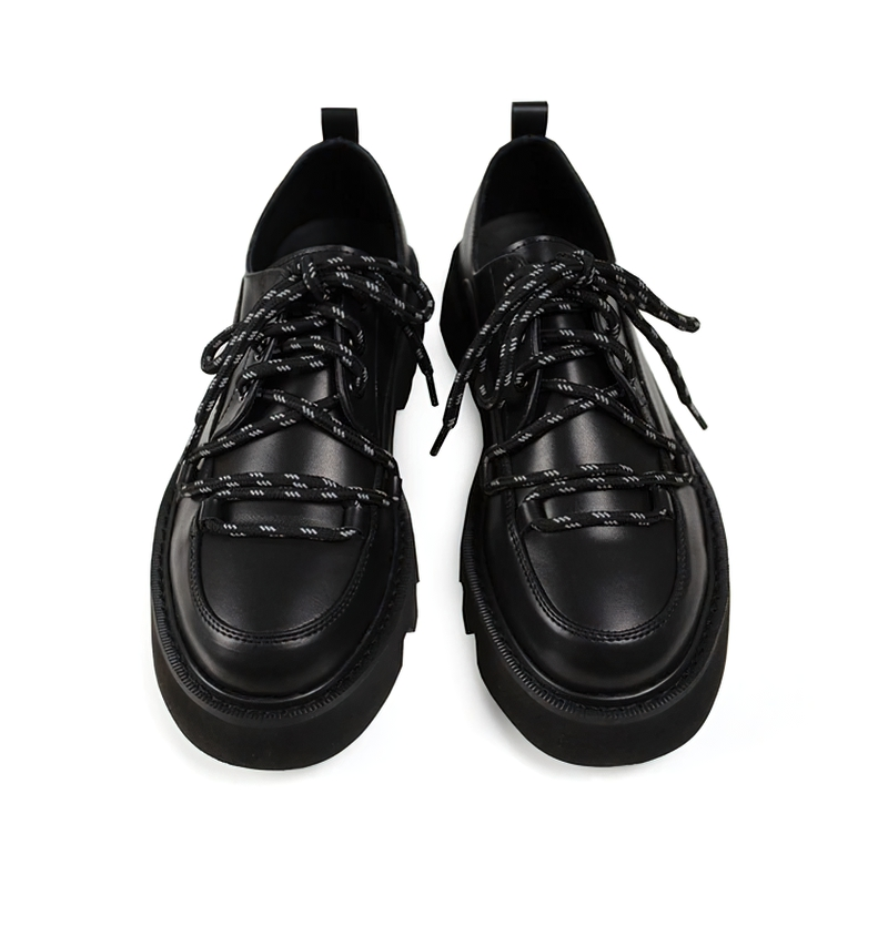 Stylish black PU leather casual shoes for men with reflective laces and thick flatform soles.