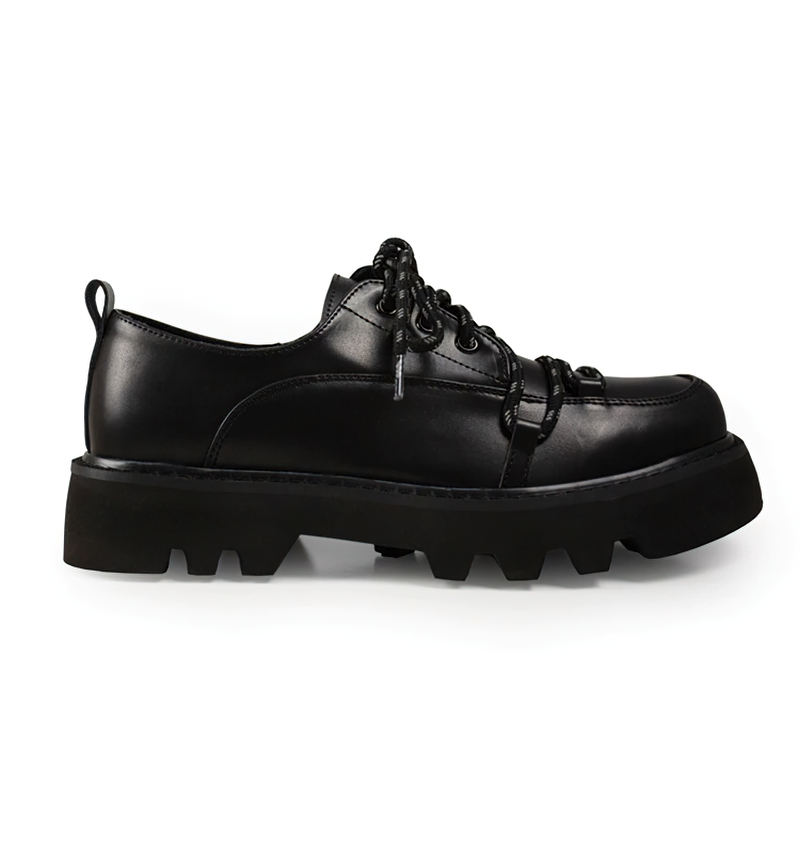 Stylish black reflective shoes for men with thick platform soles and unique laces, perfect for casual wear.