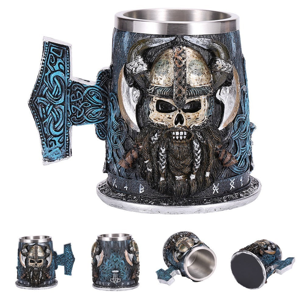 Vintage Viking beer mug with axe and skull design, perfect for retro pub decor and eco-friendly drinking.
