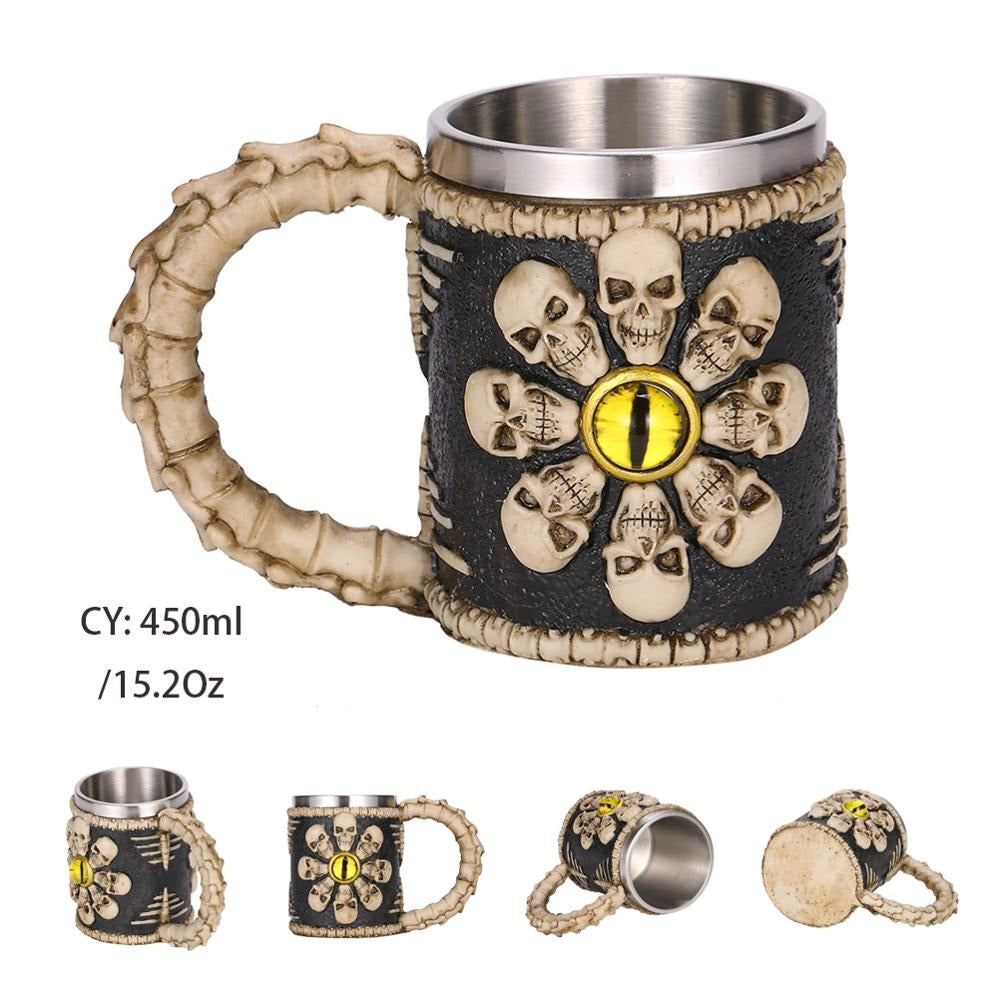Vintage resin and stainless steel beer mug with skulls and demon eye, 450ml capacity, perfect for creative gifts.