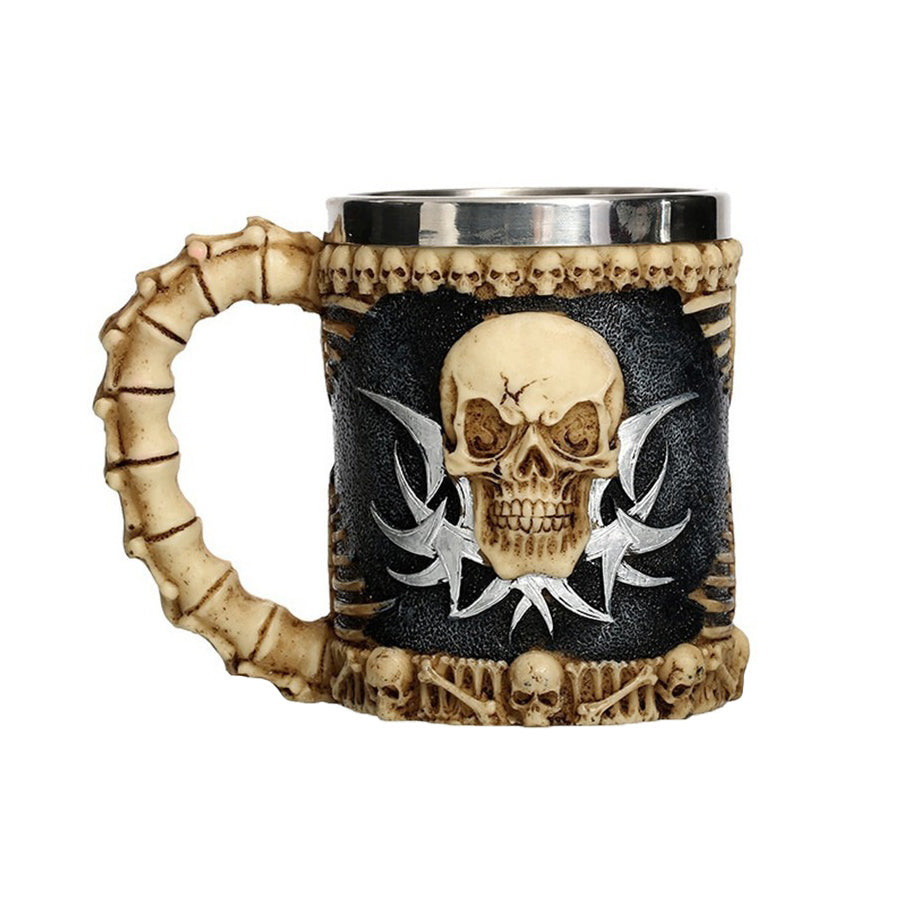 Eco-friendly vintage resin beer mug with a skull and bone design, perfect for retro Viking pub decor.