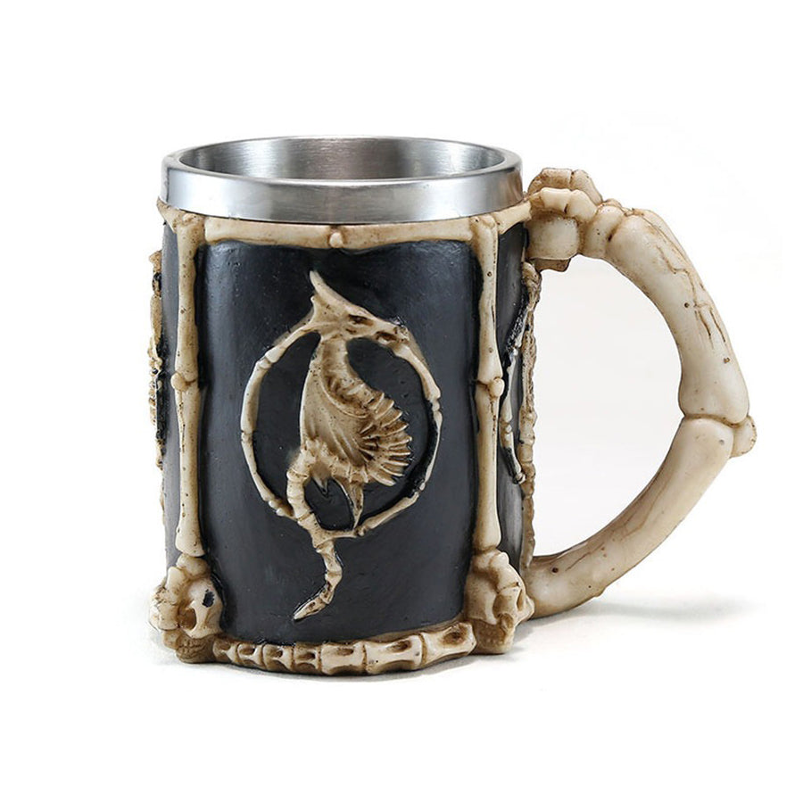 Resin and stainless steel beer mug with dragon bones, vintage Viking design for bar enthusiasts.